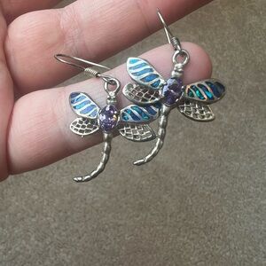 Sterling Silver Dragonfly Earrings with Blue and Purple Accents